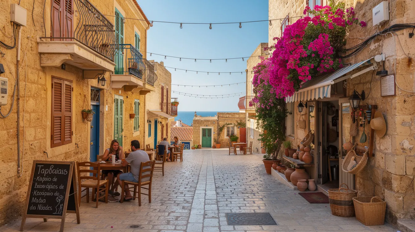 The image depicts the charming streets of Paphos Old Town, showcasing traditional stone buildings and vibrant local shops, inviting visitors to explore the rich culture and history of the region. This welcoming atmosphere makes it an ideal place for families and individuals considering relocation, offering a glimpse into life in this picturesque city.