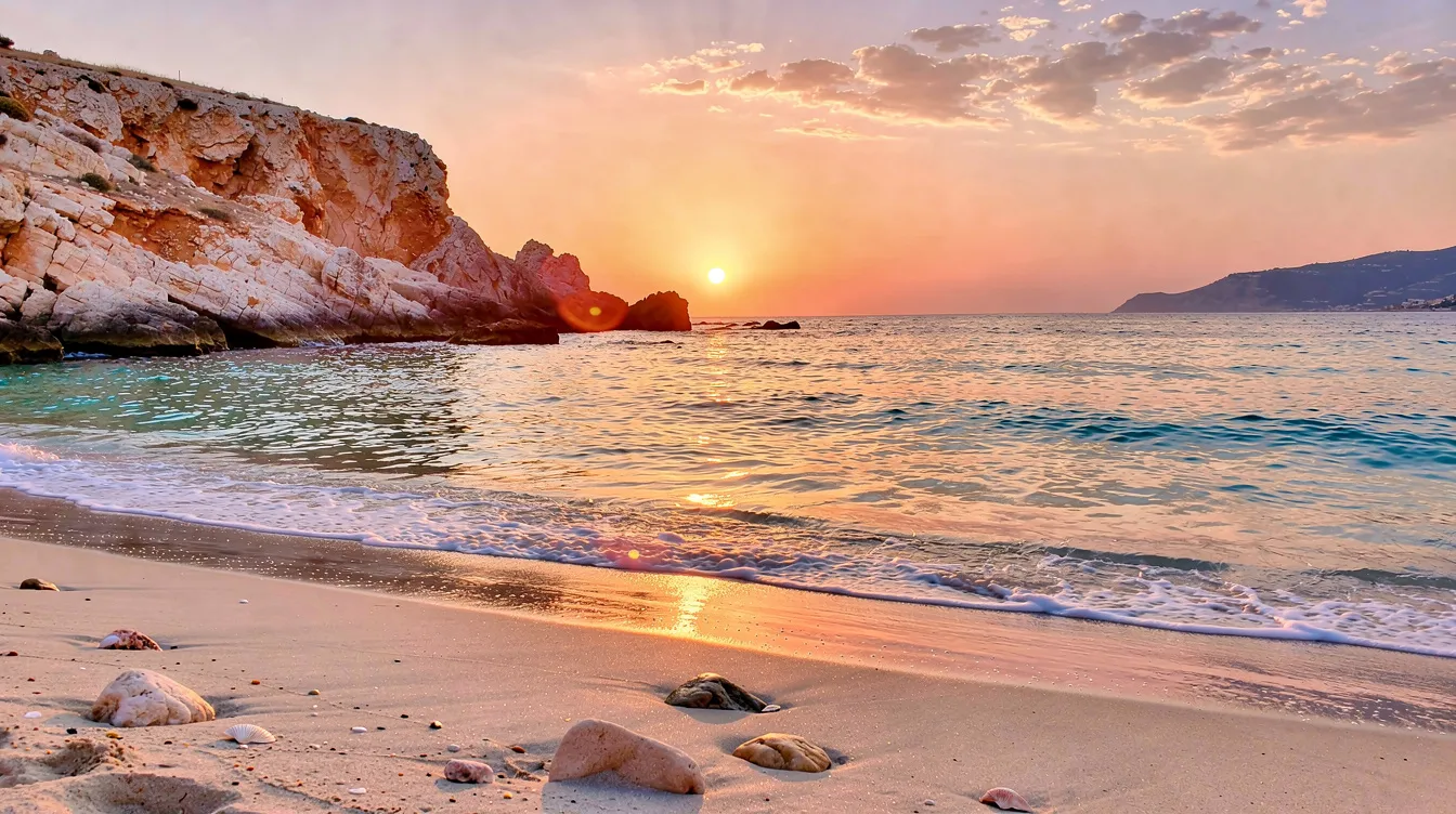 The image depicts a stunning sunset beach scene along the Cyprus coast, with vibrant hues of orange and pink reflecting on the calm water. This picturesque setting represents a welcoming environment for individuals considering relocation, highlighting the beauty of life by the sea.