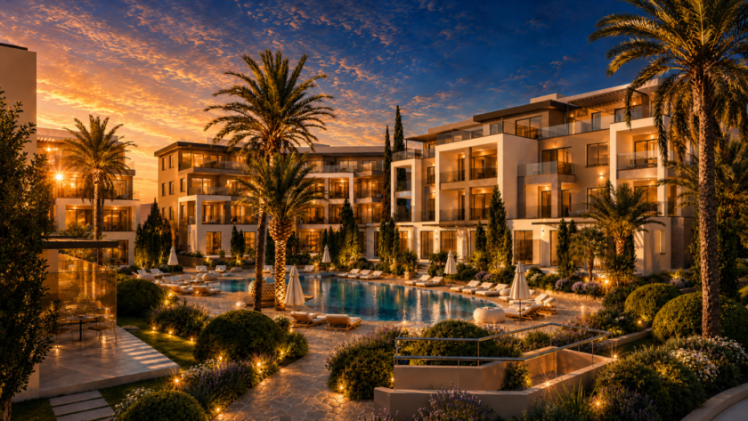 Bel Air Gardens development visual showing modern Cyprus apartments and a landscaped communal swimming pool