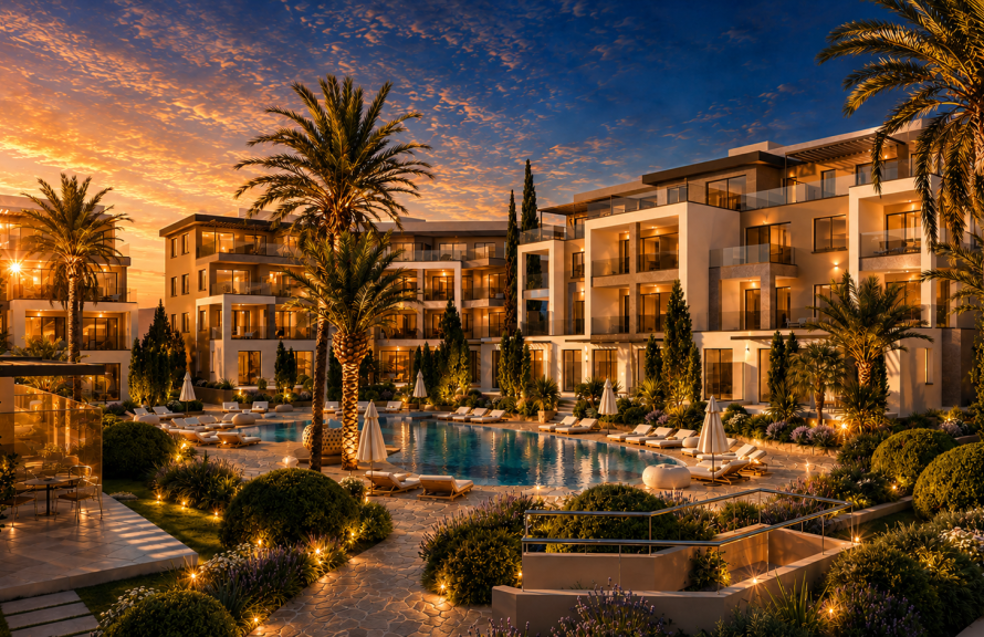 Bel Air Gardens development visual showing modern Cyprus apartments and a landscaped communal swimming pool