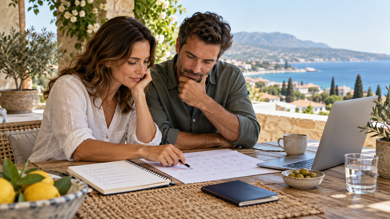 A couple reviewing a relocation calendar and checklist on a Mediterranean terrace