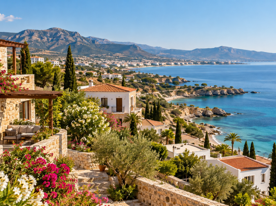 Illustration of a sunny Cyprus coastal neighbourhood in spring