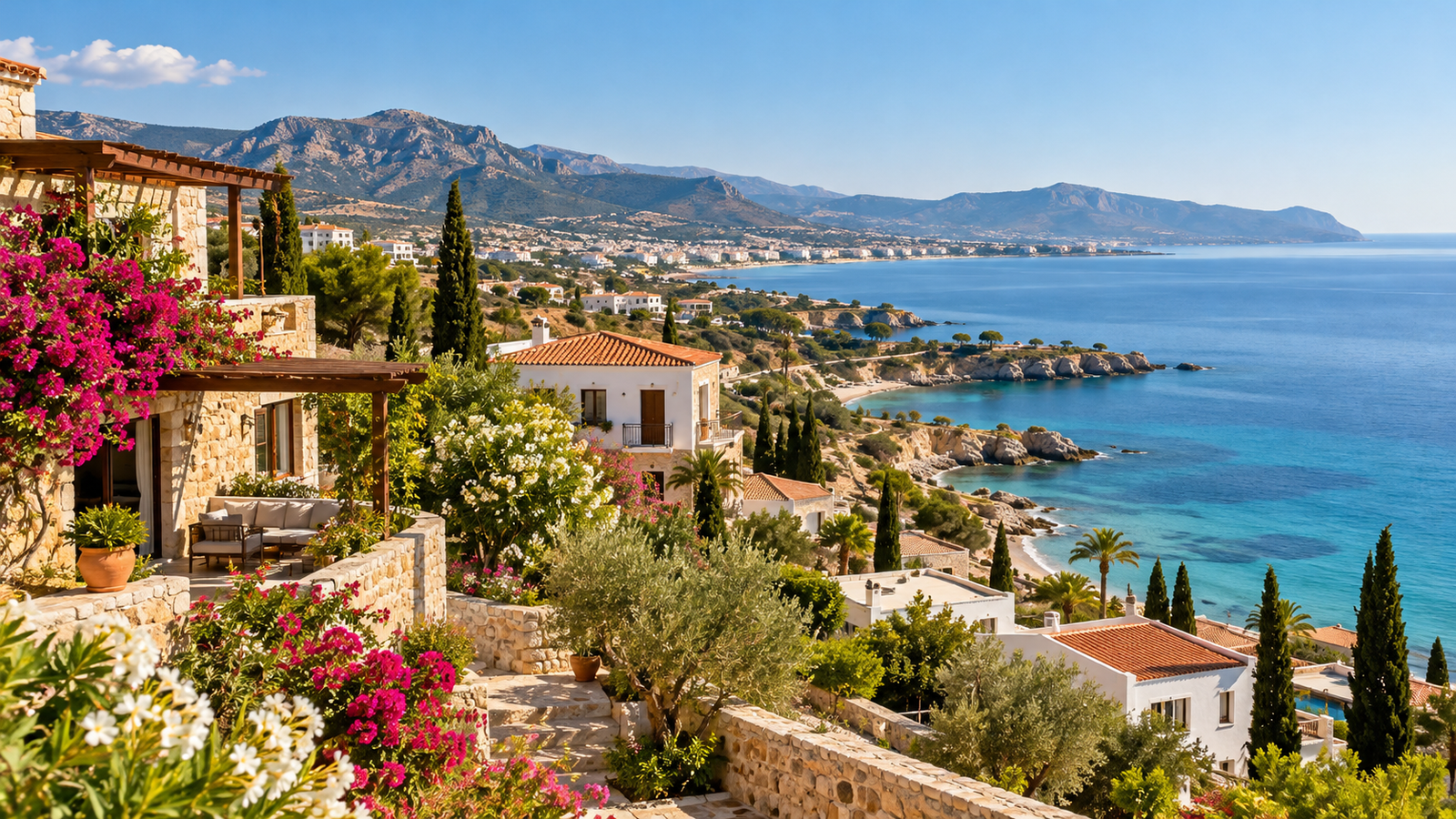 Illustration of a sunny Cyprus coastal neighbourhood in spring