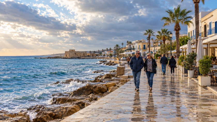 A couple walking beside the Cyprus coast on a bright winter afternoon