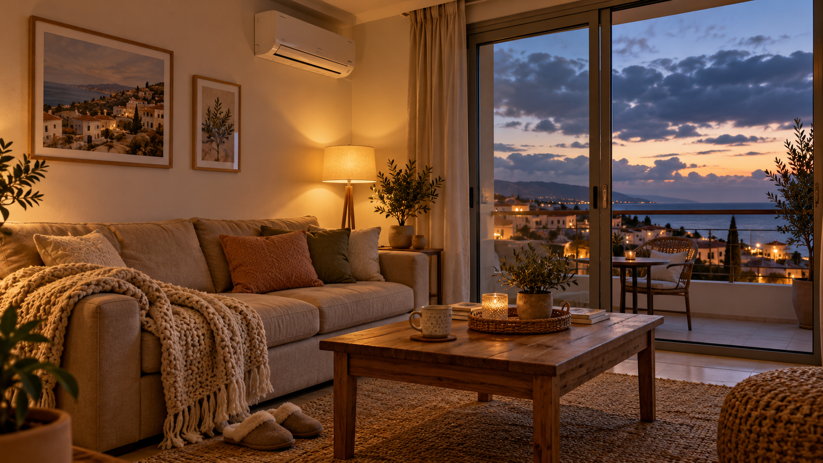 A comfortable Cyprus living room with a blanket and heating on a winter evening