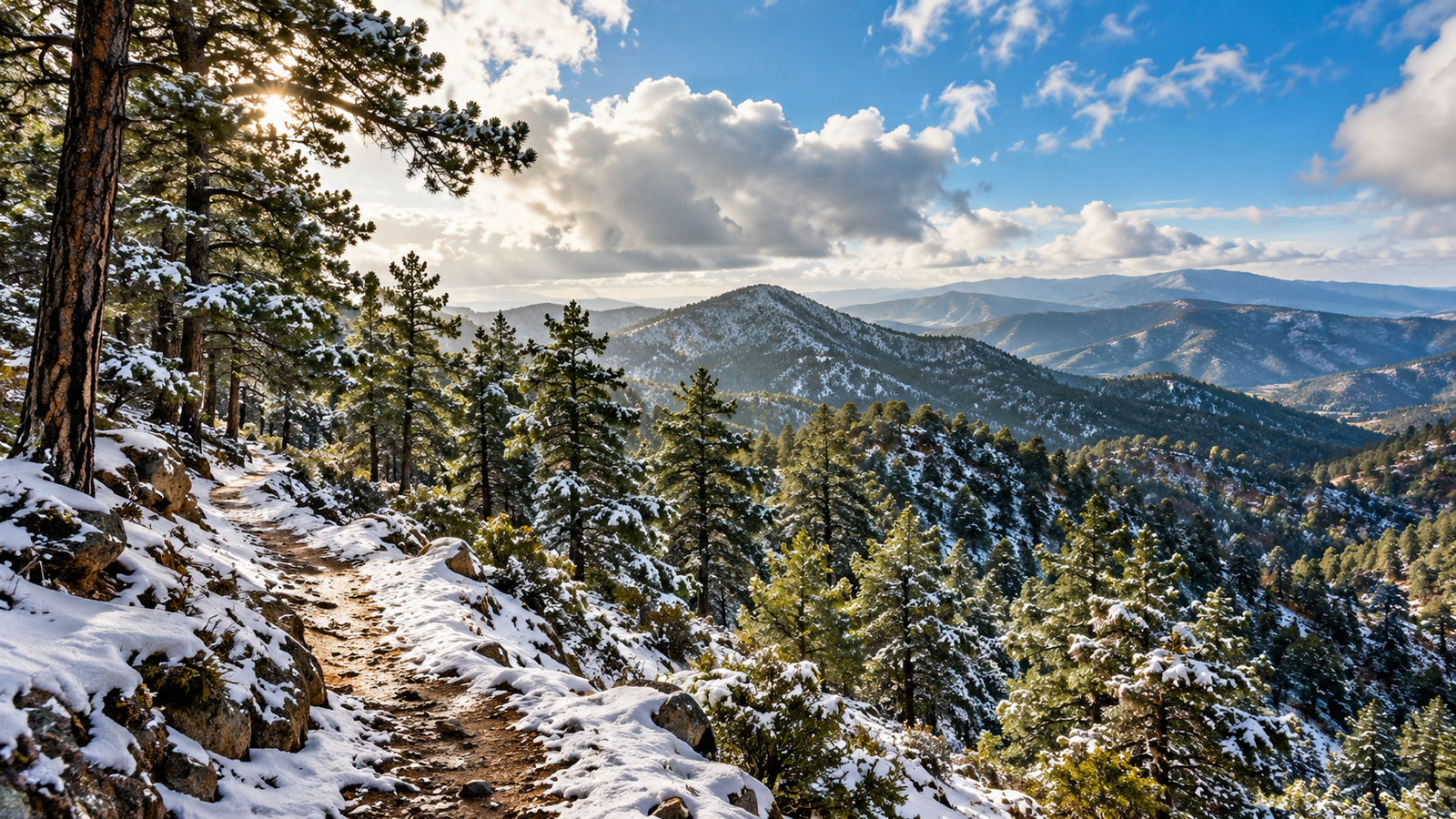 Snow-dusted pine trees and a mountain path in a Troodos winter landscape